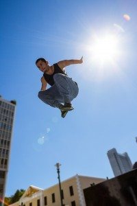 Man doing hardcore parkour in the city